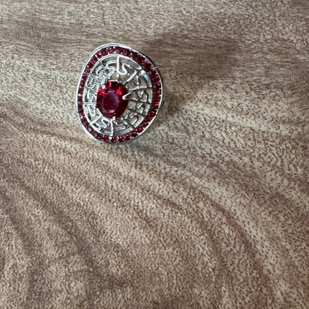 Red Rhinestone Silver Tone Costume Chunky Ring Size 5 1/4 Statement